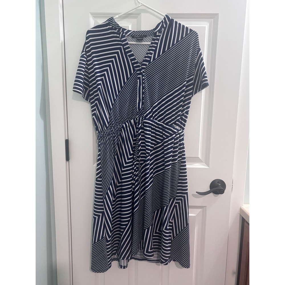 Robert Louis Navy Blue White Geometric Striped Button Front Midi Dress Large